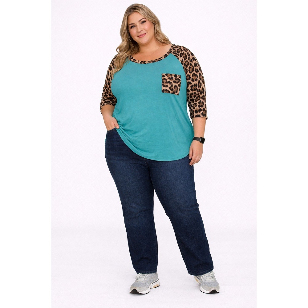 Glitzy Girlz XL Teal Leopard Print Raglan Sleeve Pocket Top Women Casual Shirt